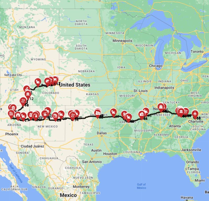 RV journey route plan from Denver to Charlotte